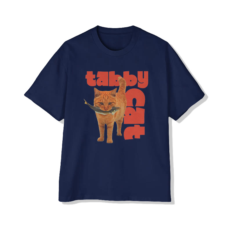 Funny Y2k Tabby Cat With Fish Print Pattern Cotton Print T-shirt - Navy Blue - US16-18(2XL) - image 7