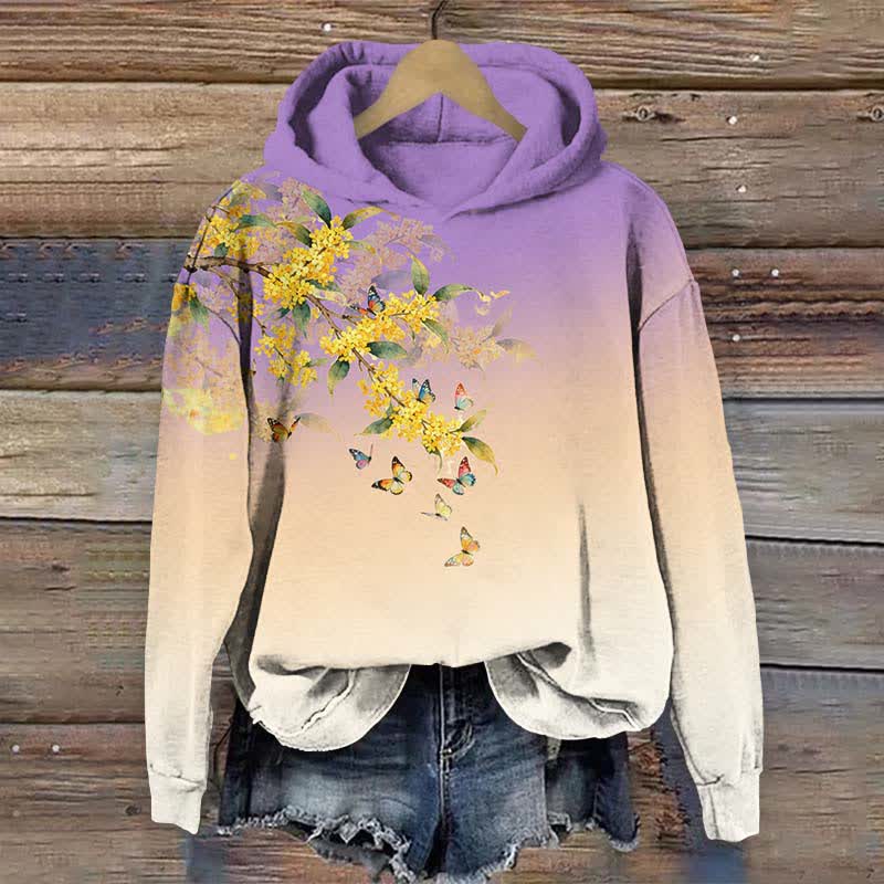 Japanese Vibrant Winter Jasmine & Butterfly Print Long Sleeve Hoodie - Purple - US44-46(8XL) - image 4