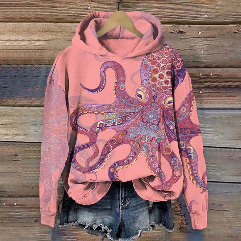 Unique Exquisite Octopus Pattern Print Long Sleeve Hoodie - Pink - US44-46(8XL) - image 3