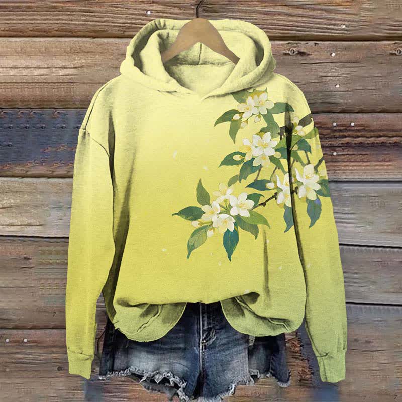 Japanese Ombre Watercolor Pear Blossom Art Print Long Sleeve Hoodie - Yellow - US44-46(8XL) - image 4