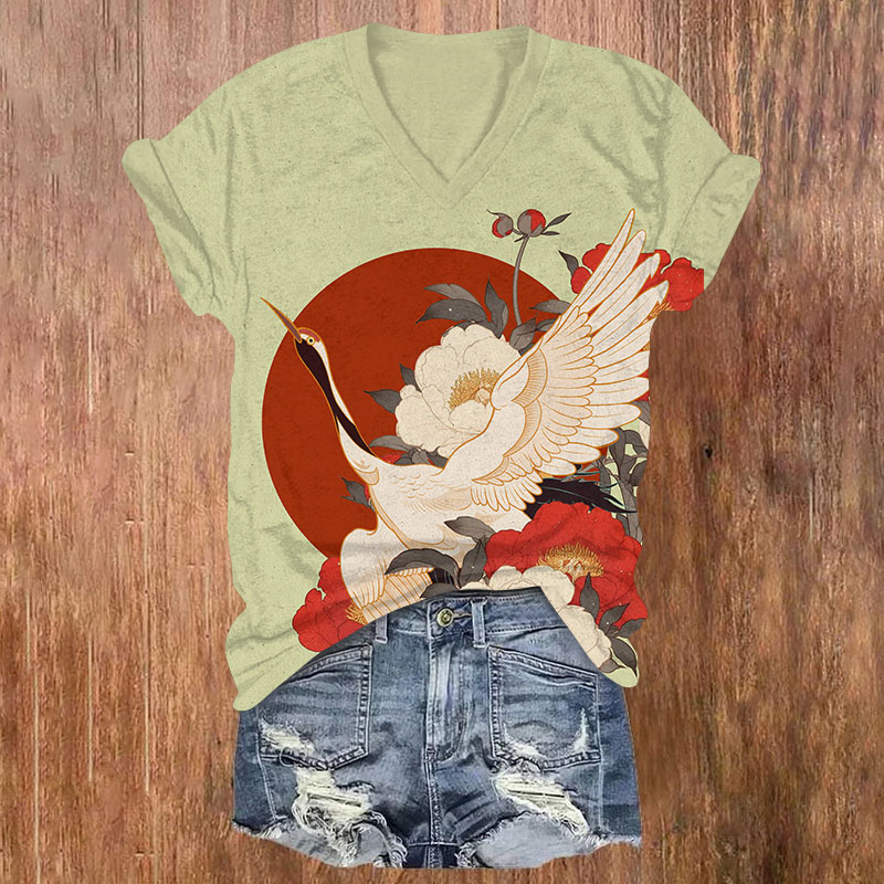 Japanese Vintage Crane Peony Flowers Print V-neck T-shirt - Yellow - US32-34(5XL) - image 1