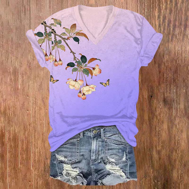 Japanese Vintage Ombre Peach Blossom Art Print V-neck T-shirt - Purple - US32-34(5XL) - image 4