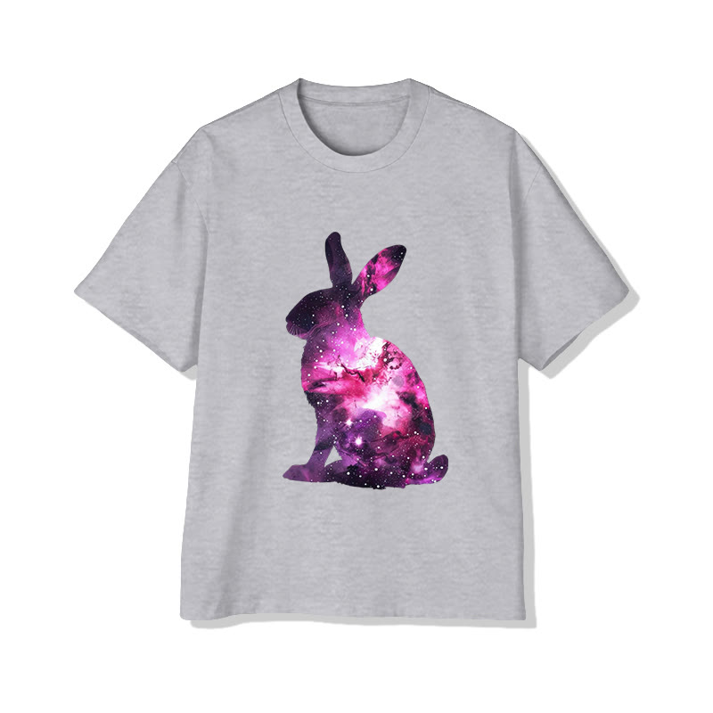 Unisex Starry Sky Pattern Rabbit Print Short Sleeved Crew Neck T-shirt - Grey - 2XL - image 4