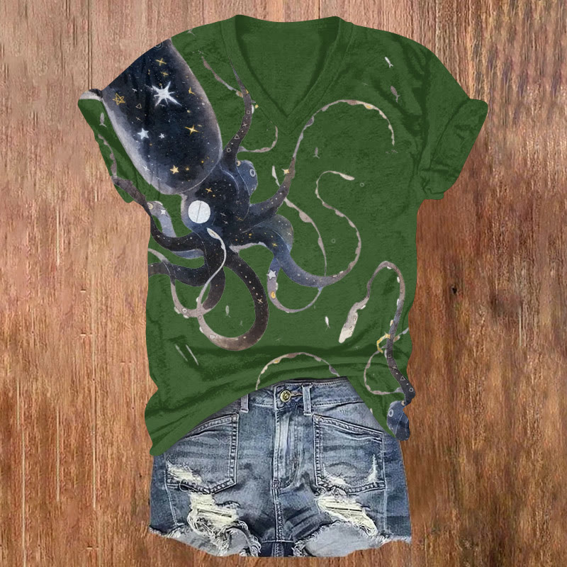 Ocean Starry Sky Squid King Pattern Print Short Sleeved V-Neck T-Shirt - Green - US32-34(5XL) - image 3