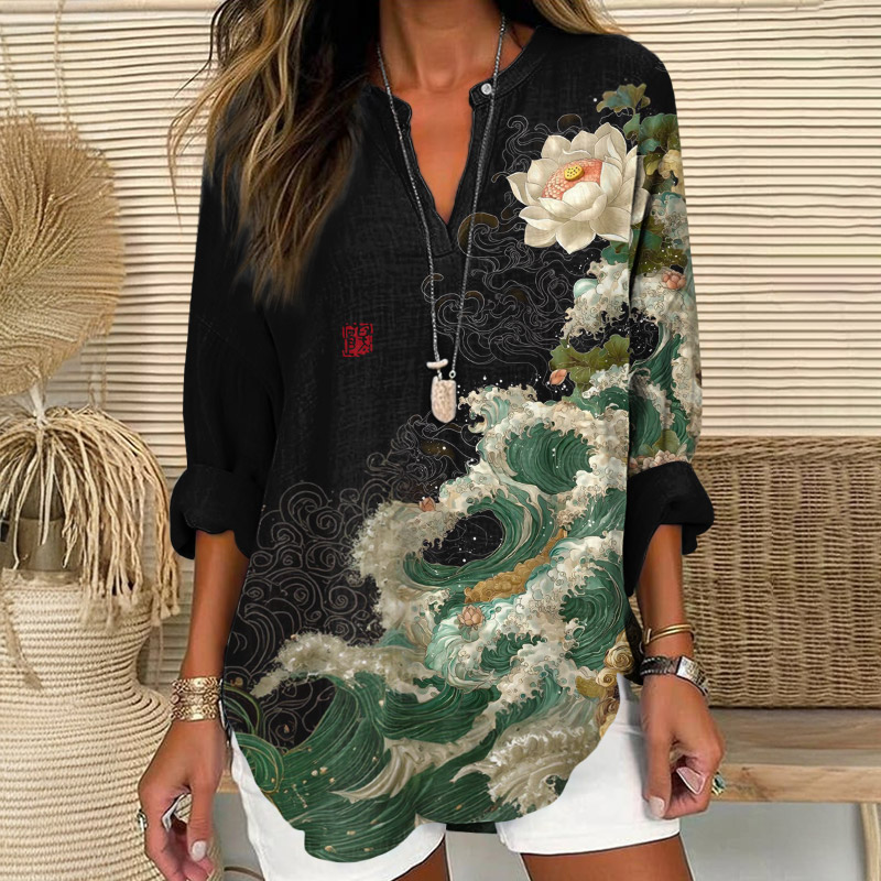 Vivid Ocean Wave Lotus Art Print V Neck Long Sleeve Blouse - Black - 8XL - image 1
