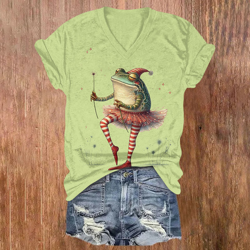 Frog Dancing In A Skirt Print V-neck T-shirt - Green - US32-34(5XL) - image 4