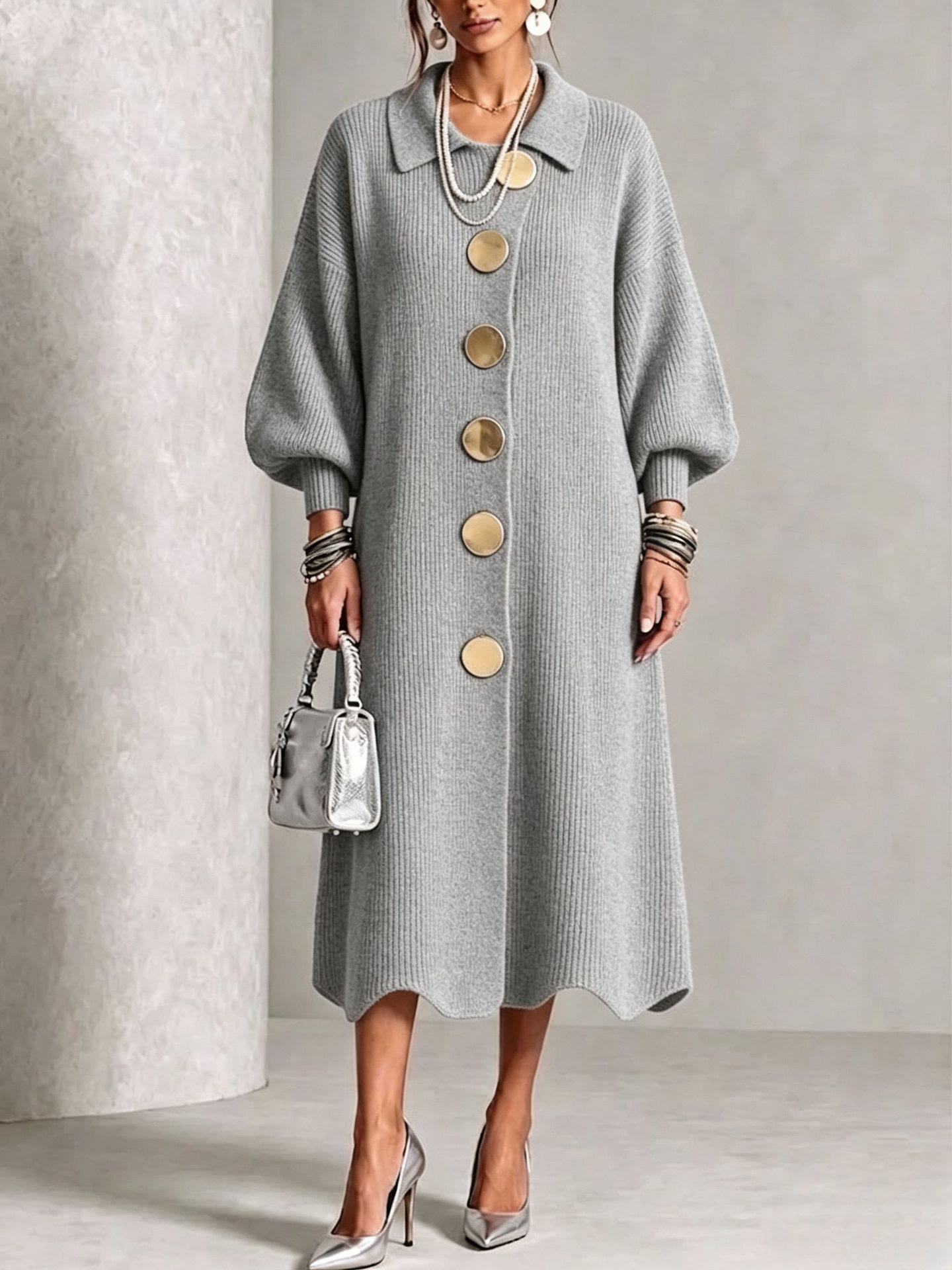 Women's Ribbed Knit Midi Cardigan Dress | Lapel Collar Lantern Sleeve, Statement Button Front - Grey - 2XL - image 14