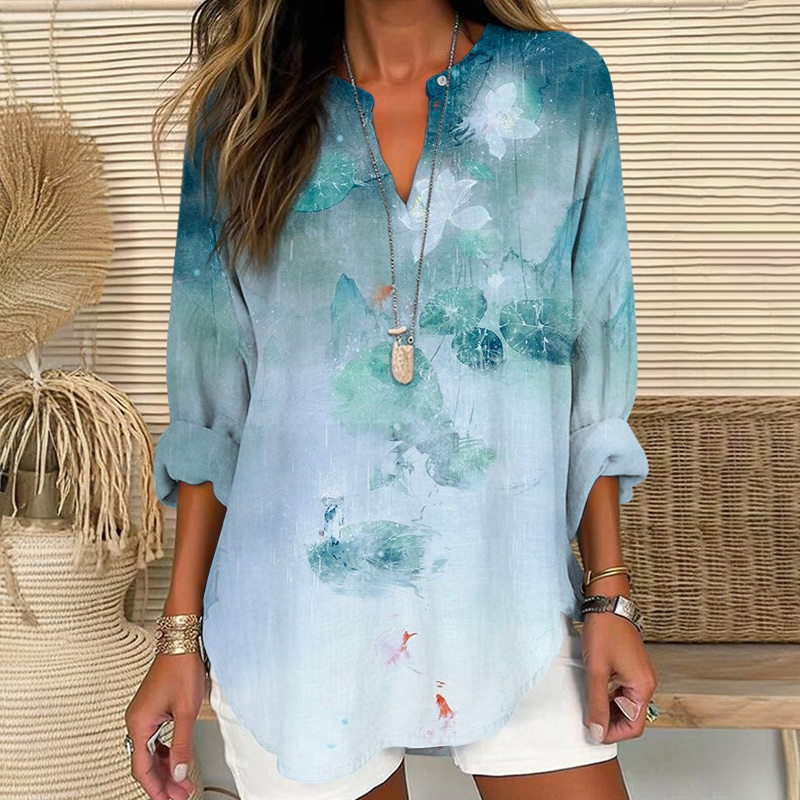 Creative Luminous Lotus Pond Art Print V Neck Long Sleeve Blouse - Blue - 8XL - image 1