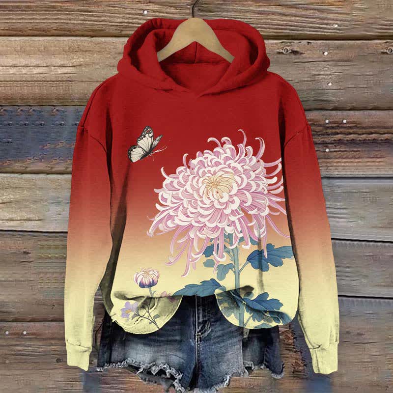 Japanese Vivid Pink Chrysanthemum Art Print Long Sleeve Hoodie - Red - US44-46(8XL) - image 4