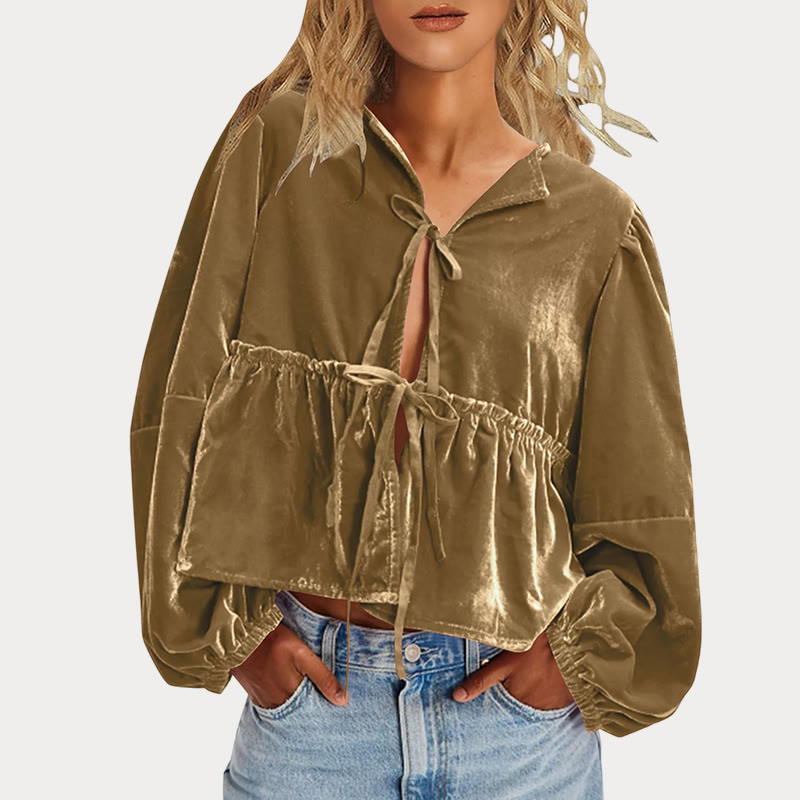 Women's V-neck Ruffled Solid Color Velvet Blouse - Khaki - 2XL - image 5