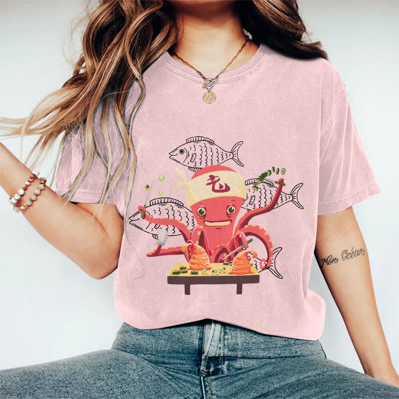 100% Cotton Japanese Octopus Making Sushi Art T-shirt - Pink - 2XL - image 13