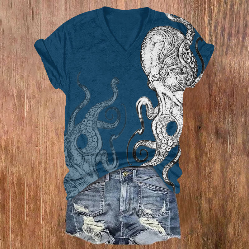 Sketch Ocean Octopus Pattern Print Short Sleeved V-neck T-shirt - Blue - US32-34(5XL) - image 3