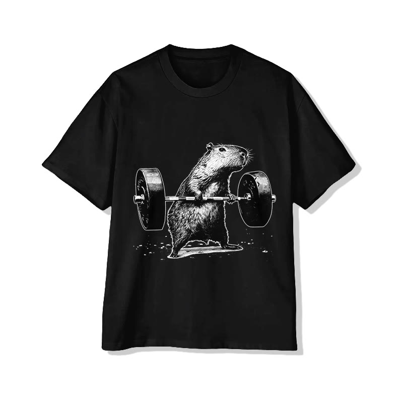 Unisex Capybara Lifting Weights Print Short Sleeved Crew Neck T-Shirt - Black - 2XL - image 5