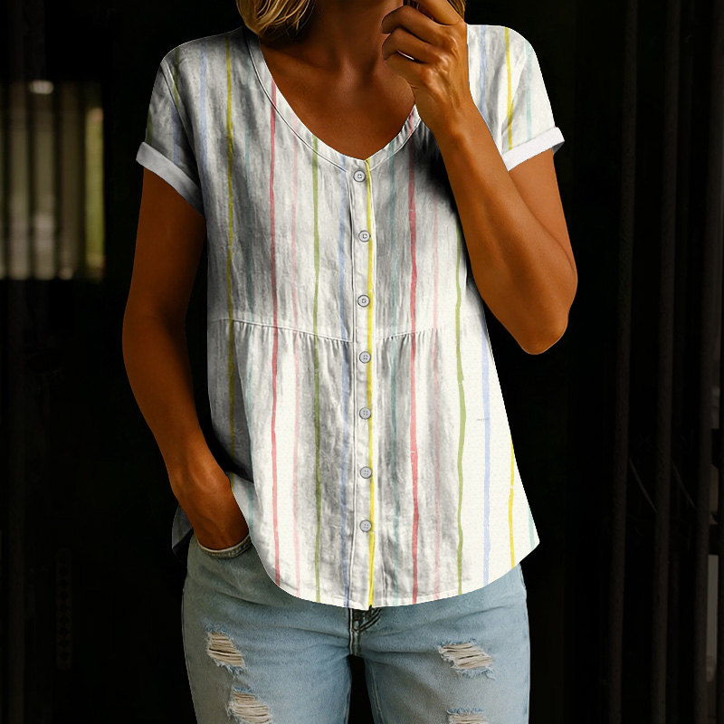Vintage Colored Striped Print Button V-neck A-line Short-sleeve Blouse - Light Gray - 4XL - image 1