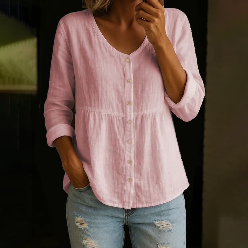Cozy Solid Button V-neck A-line Long Sleeve Blouse - Pink - 4XL - image 13