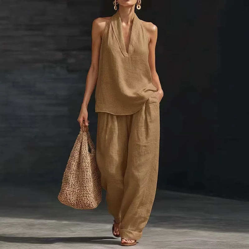 Cozy Loose-fitting Solid Lapel Halter-neck Sleeveless Top&pants Set - Brown - 5XL - image 6