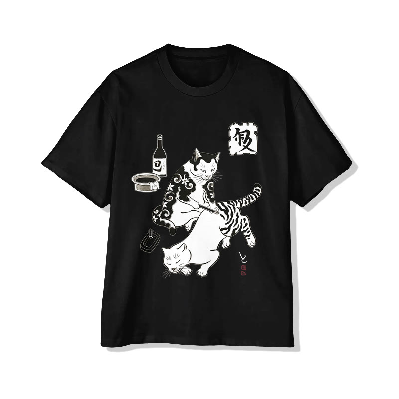 Unisex Retro Japanese Art Print Short Sleeve Crew Neck T-shirt - Black - 2XL - image 4