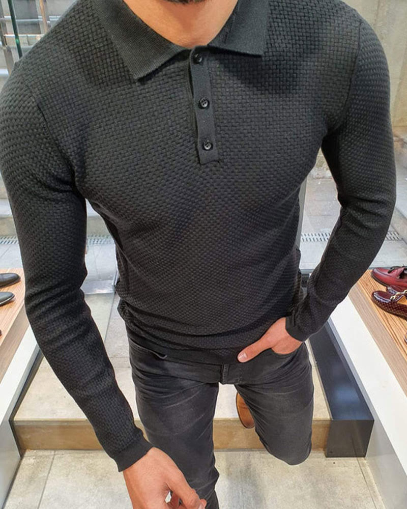 Men's Solid Color Waffle Long Sleeve Polo Shirt - image 14