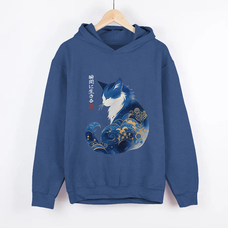 Unisex Retro Zen Cat Living the Present Pattern Long Sleeved Hoodie - Dark Blue - US44-46(8XL) - image 4