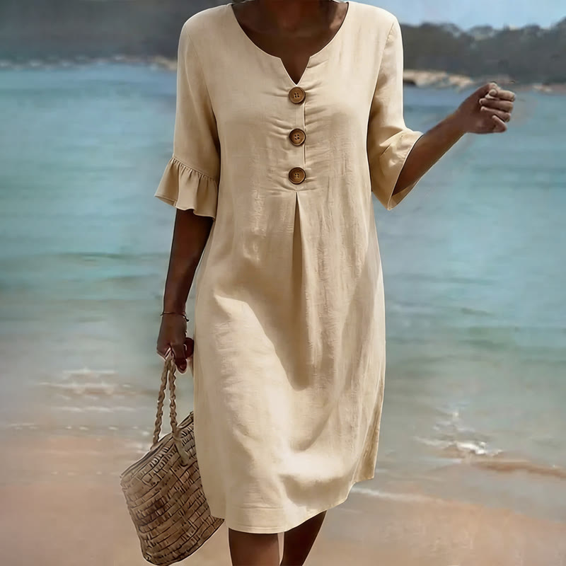 Elegant Cozy Solid Notched Collar Button Ruffled Half Midi Dress - Apricot - 3XL - image 5