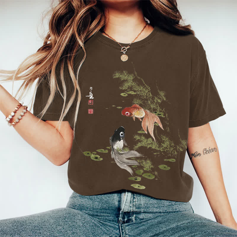 100% Cotton Japanese Koi Art Print Casual T-shirt - Coffee - 2XL - image 12