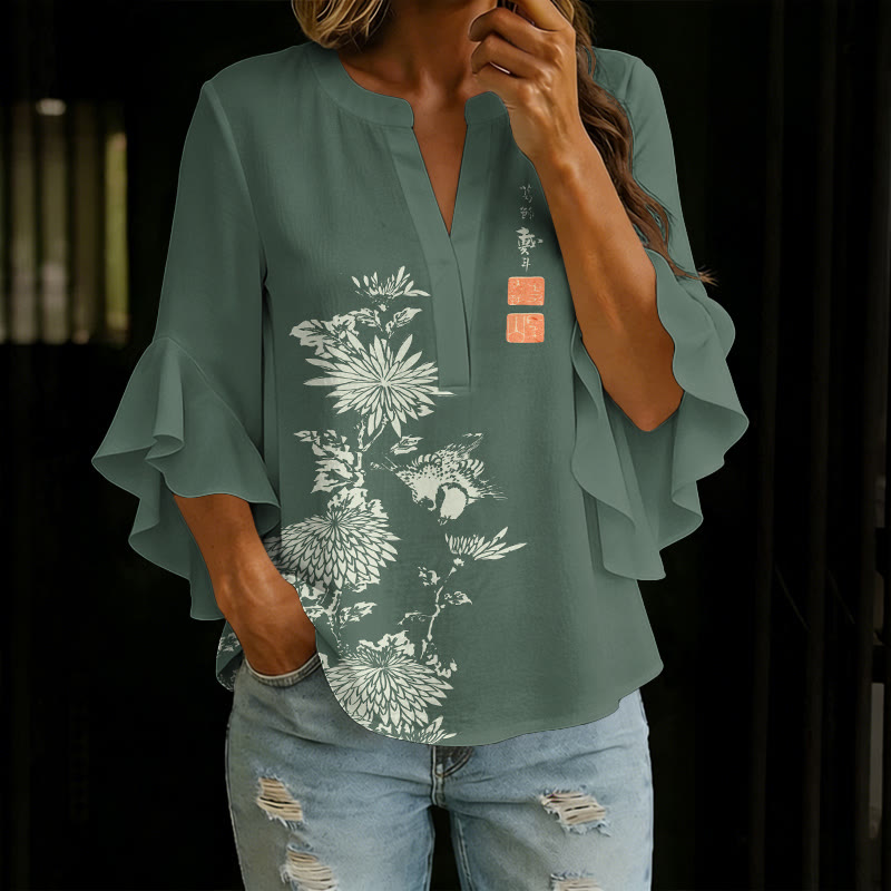 Vintage Chrysanthemum Printed V-neck Half Sleeve Blouse - Green - 5XL - image 3