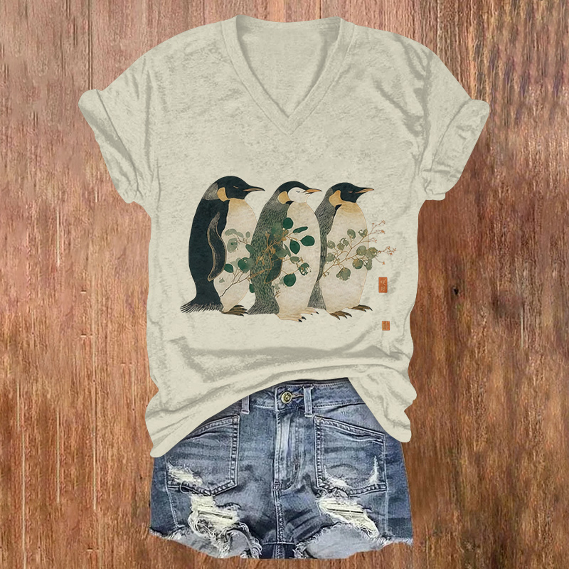 Japanese Art Penguin Print Short Sleeved V-neck T-shirt - Apricot - US32-34(5XL) - image 1