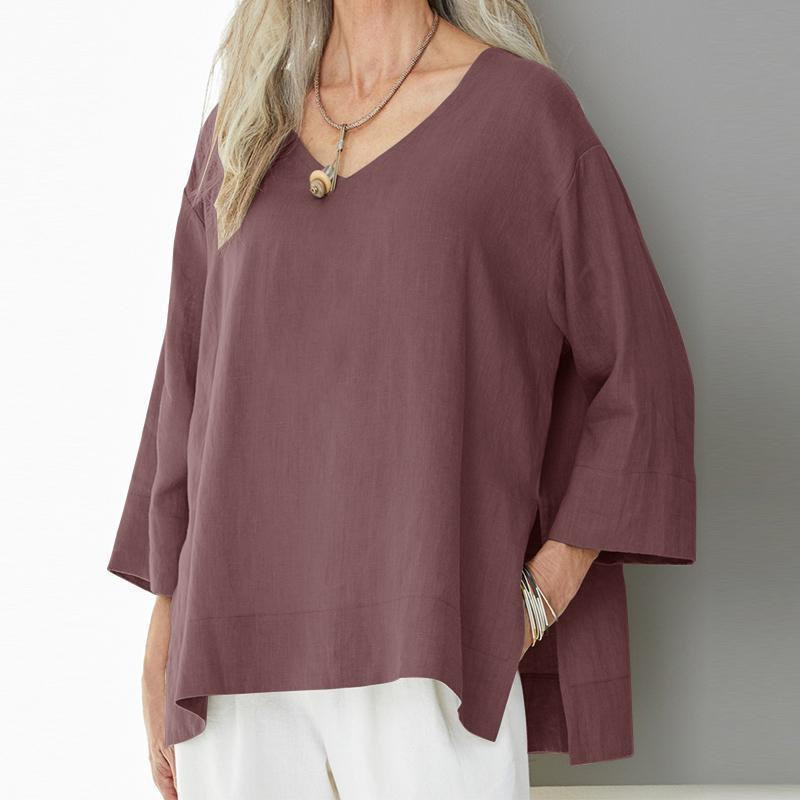 Cozy Solid V-neck 3/4 Sleeve Slit Blouse - Wine - 5XL - image 3