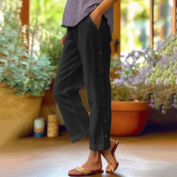 Casual Solid Pocket Pants With Side Buttons - Black - 3XL - image 7