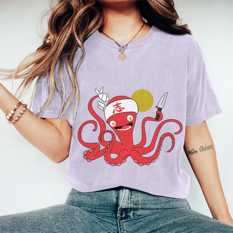 100% Cotton Japanese Funny Octopus Chef Art T-shirt - Purple - 2XL - image 12