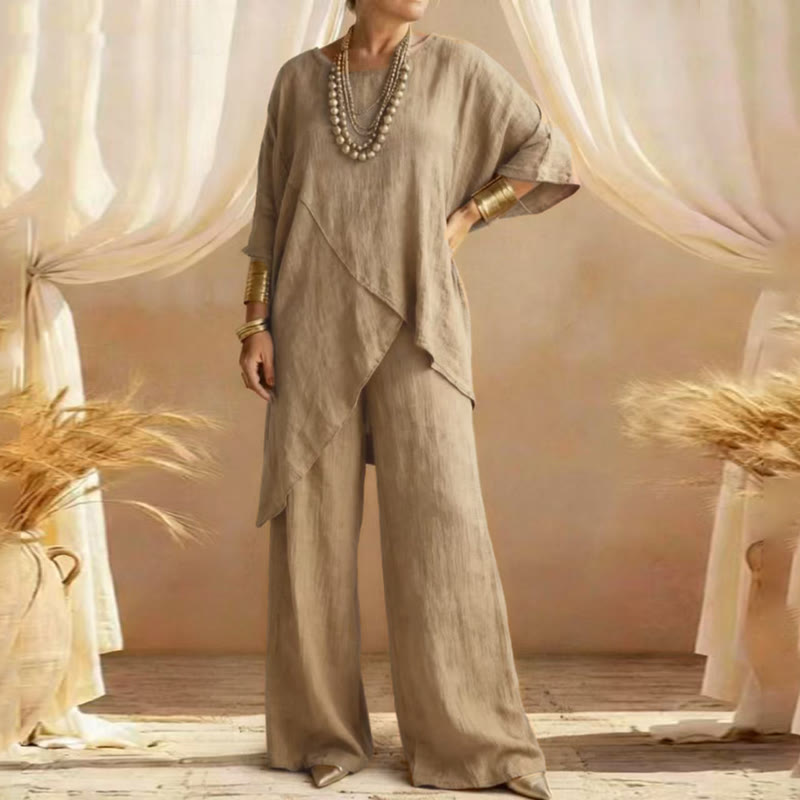 Elegant Solid Irregular Hem Round-neck 3/4 Sleeves Blouse&pants Set - Khaki - 3XL - image 4