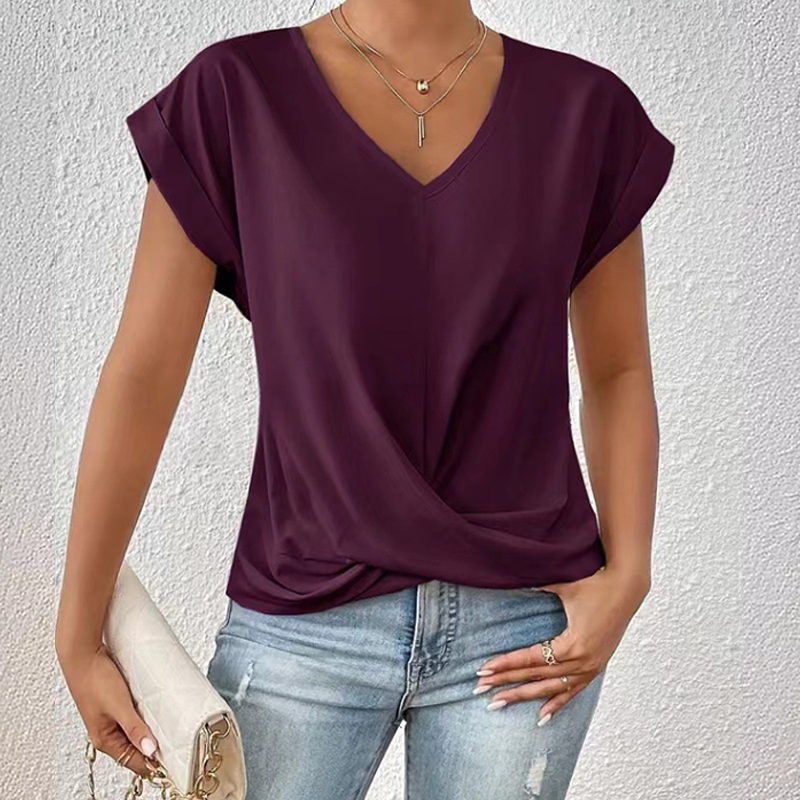 Elegant Solid Overlapping Structure V-neck Flutter-sleeve T-shirt - Red - 3XL - image 17