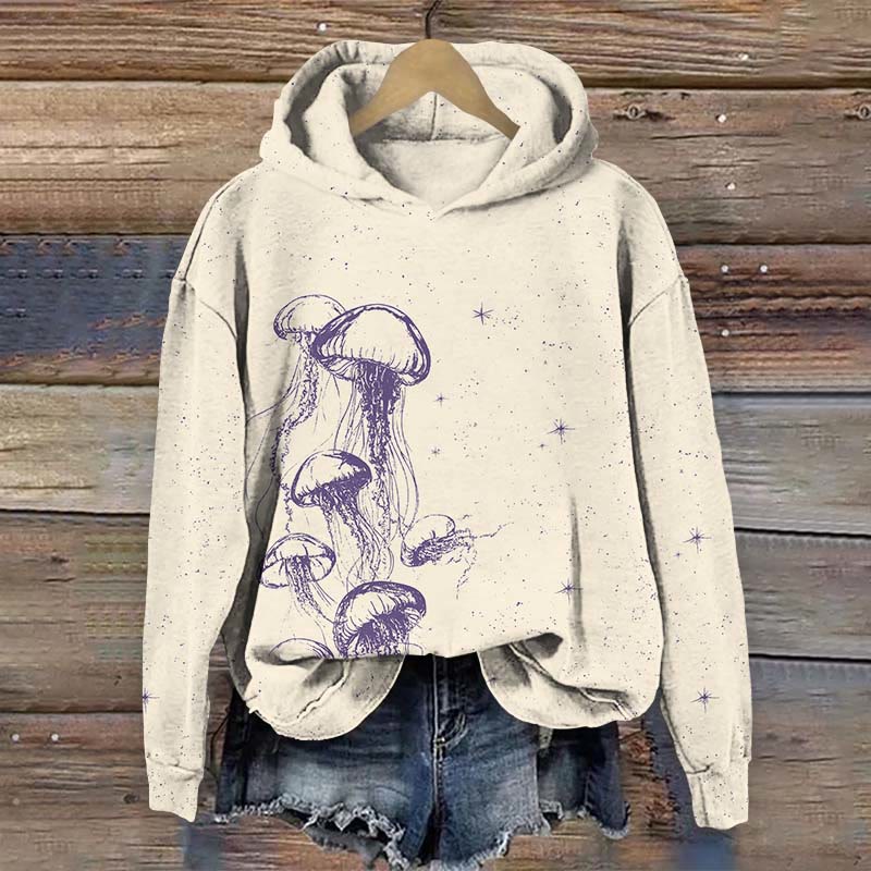 Jellyfish Swimming In A Star Speckled Universe Print Long Sleeve Hoodie - Apricot - US44-46(8XL) - image 4