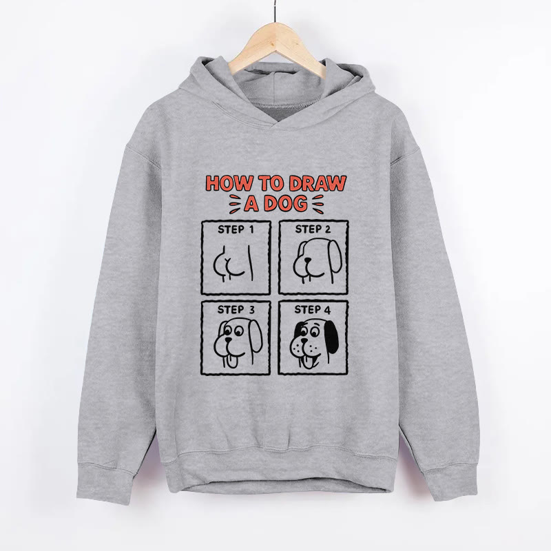 Unisex How To Draw A Dog Pattern Long Sleeved Hoodie - Grey - US44-46(8XL) - image 3