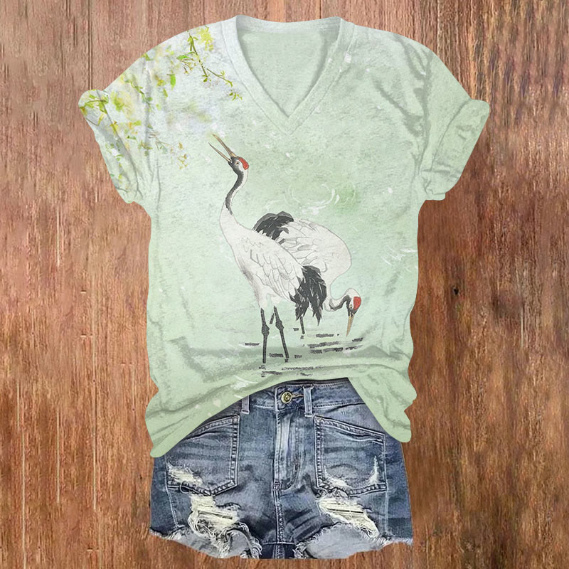 Japanese Cranes With Bloom Floral Print V-neck T-shirt - Mint - US32-34(5XL) - image 5