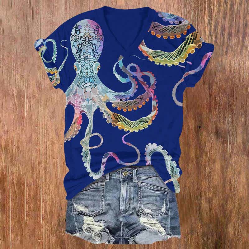 Creative Mottled Colorful Octopus Art Print V-neck T-shirt - Royal Blue - US32-34(5XL) - image 3