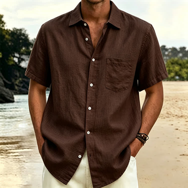 Cozy Solid Texture Button-up Short Sleeve With Pocket Lapel Shirt - Brown - 5XL - image 7