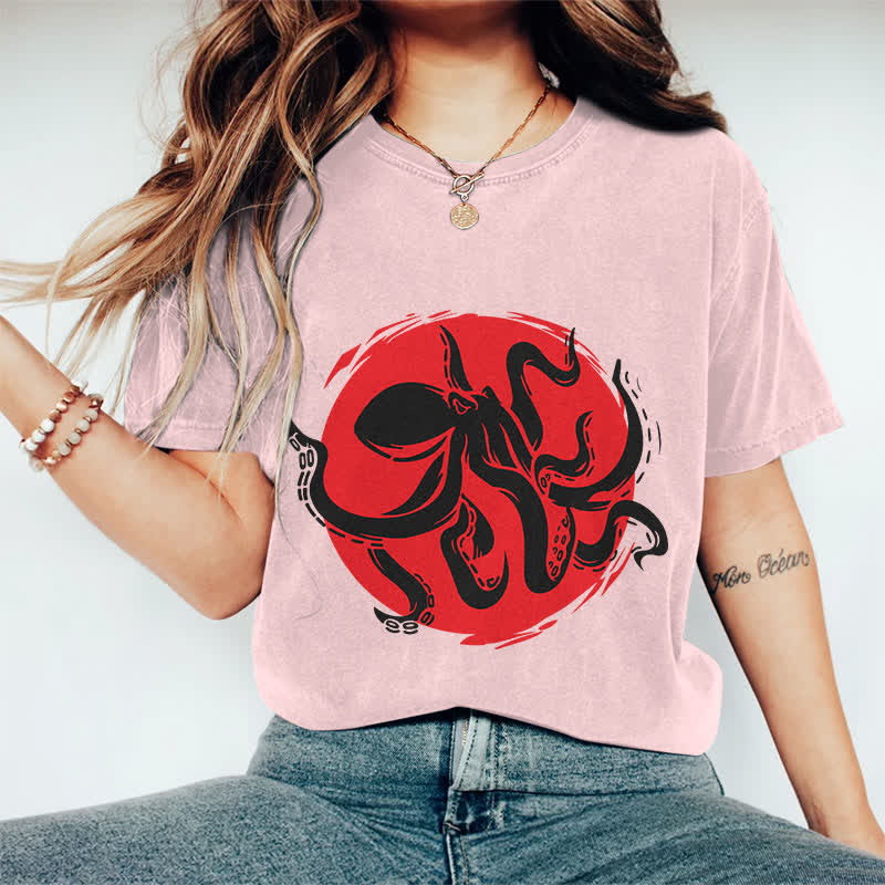 100% Cotton Japanese Abstract Octopus Art T-shirt - Pink - 2XL - image 13