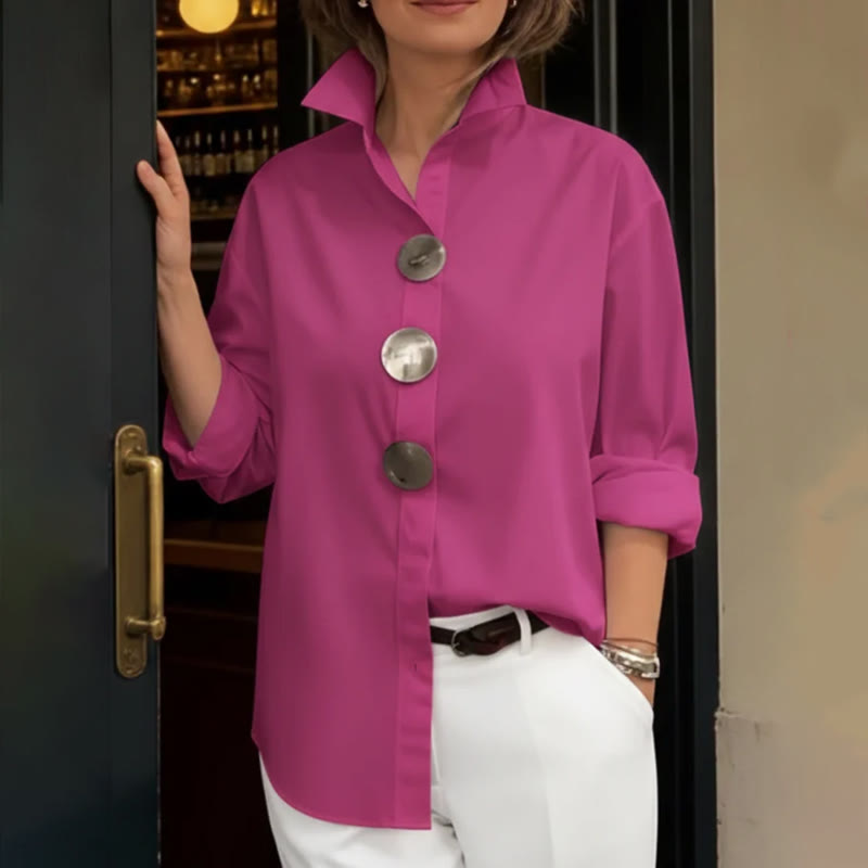 Elegant Solid Oversized Metal Buttons Long-sleeve Blouse - Pink - 3XL - image 5
