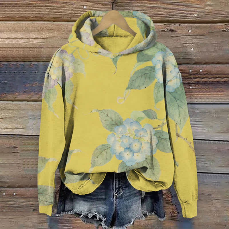 Japanese Watercolor Hydrangea Art Print Long Sleeve Hoodie - Yellow - US44-46(8XL) - image 6