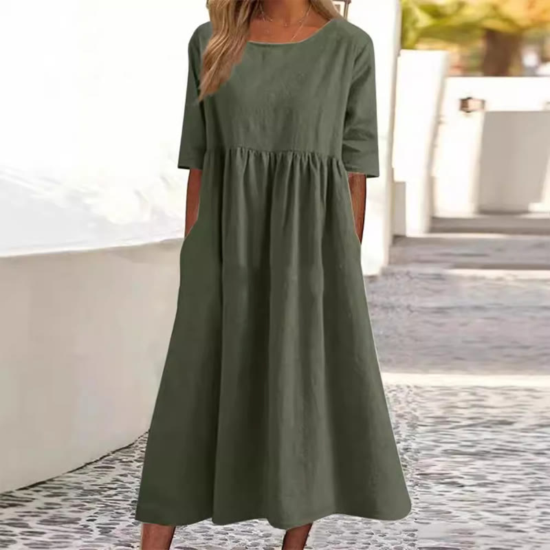 Elegant Solid Round-neck Short-sleeve Midi Dress - Green - 5XL - image 5