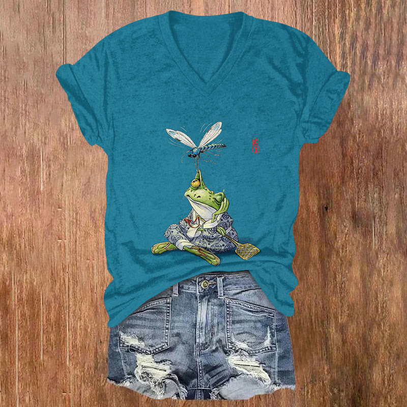 Japanese Art Frog And Dragonfly Print V-neck T-shirt - Lake Blue - US32-34(5XL) - image 4