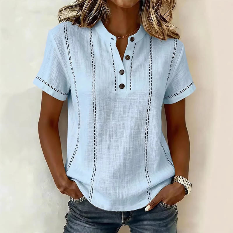 Women Casual Henley Neck Button Placket Short Sleeve Blouse - Blue - 3XL - image 4