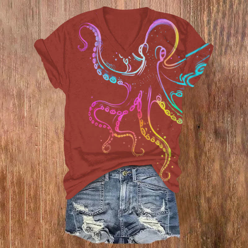 Vintage Rainbow Line Octopus Art Print V-neck T-shirt - Red - US32-34(5XL) - image 3