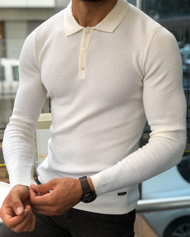 Men's Solid Color Waffle Long Sleeve Polo Shirt - White - 5XL - image 1