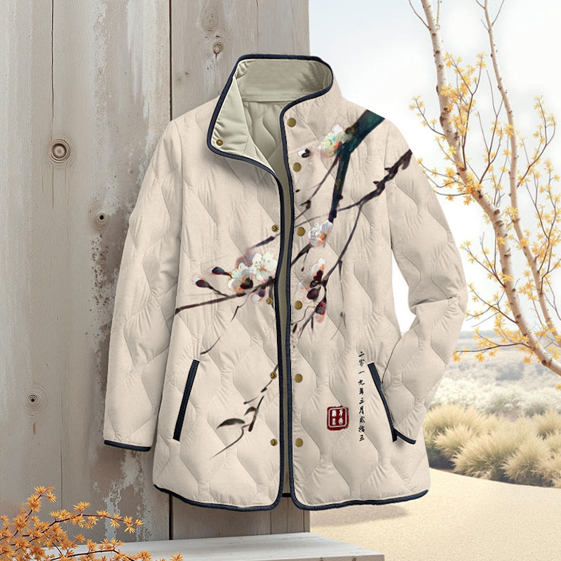 Vintage Plum Blossom Art Print Outerwear Jackets - Apricot - 4XL - image 5