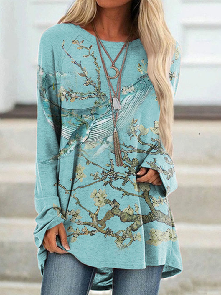 Almond Blossom Inspired Whale Art Long Sleeved Tunic
