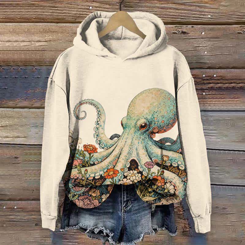 Vintage Octopus Surrounded By Flowers Print Long Sleeve Hoodie - Beige - US44-46(8XL) - image 3
