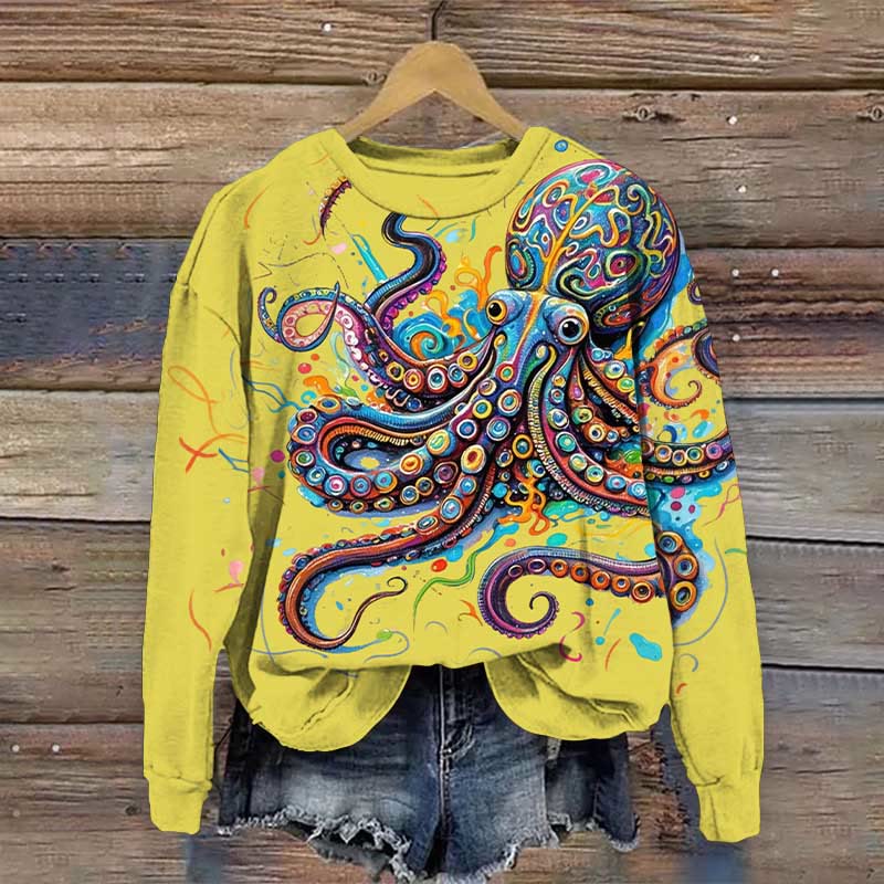 Vintage Octopus Art Print Casual Sweatshirt - Yellow - 5XL - image 6
