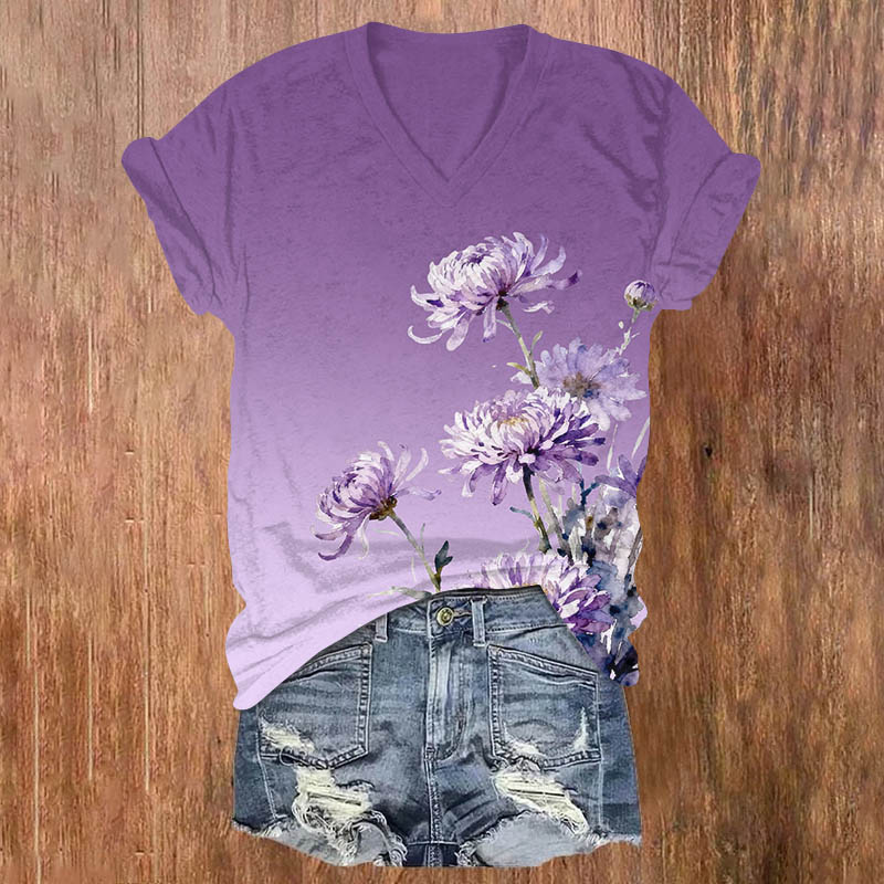 Watercolor Purple Chrysanthemum Print V-neck T-shirt - Purple - US32-34(5XL) - image 4